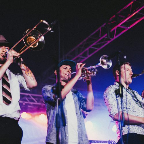 New orleans brass band Richter City Rebels on stage in the evening at CubaDupa