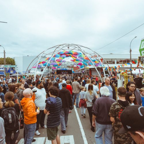 Massive, colourful umbrella archway at the Cuba and Abel Smith Street Intersection